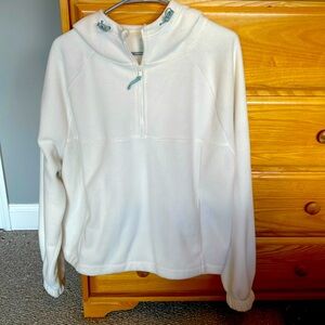 White Hooded Fleece Jacket with zippers, pocket, and drawstring